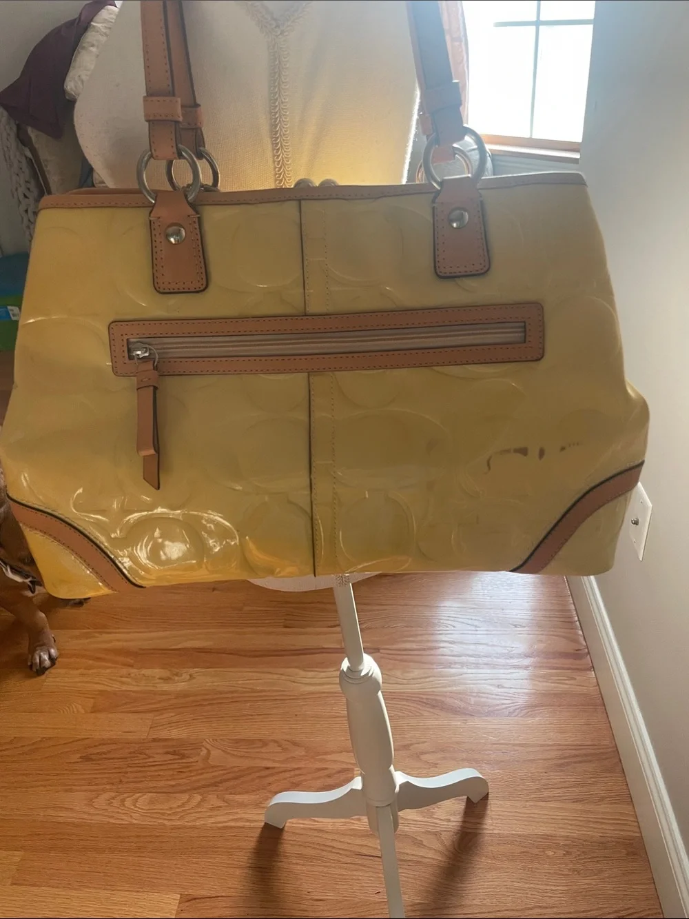 ICONIC Coach Yellow Patent Leather Shoulder Tote with Tan Trim